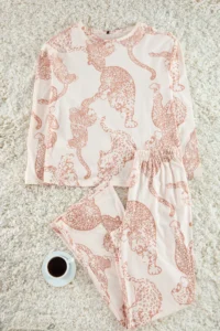 TRENDYOLMiLLA Powder 100% Cotton Tiger Pattern Knitted Pajama Set