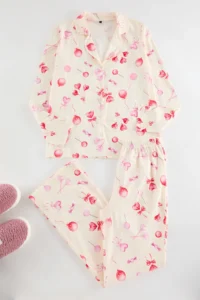 TRENDYOLMiLLA Ecru 100% Cotton Heart Knitted Pajama Set - Image 2