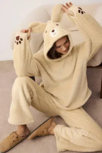 TRENDYOLMiLLA Beige Hooded and Embroidered Wellsoft Winter Knitted Pajama Set
