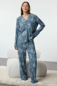 TRENDYOLMiLLA Women's Blue Galaxy Patterned Viscose Woven Pajama Set - Image 3