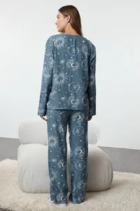 TRENDYOLMiLLA Women's Blue Galaxy Patterned Viscose Woven Pajama Set - Image 6