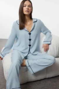TRENDYOLMiLLA Light Blue Heart Embroidered Piping Viscose Woven Pajama Set