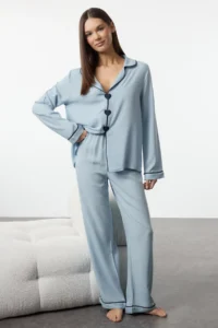 TRENDYOLMiLLA Light Blue Heart Embroidered Piping Viscose Woven Pajama Set - Image 2