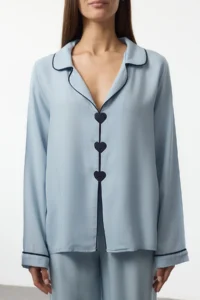 TRENDYOLMiLLA Light Blue Heart Embroidered Piping Viscose Woven Pajama Set - Image 3
