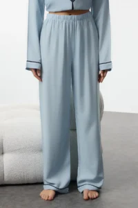 TRENDYOLMiLLA Light Blue Heart Embroidered Piping Viscose Woven Pajama Set - Image 4