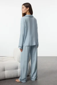 TRENDYOLMiLLA Light Blue Heart Embroidered Piping Viscose Woven Pajama Set - Image 5