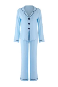 TRENDYOLMiLLA Light Blue Heart Embroidered Piping Viscose Woven Pajama Set - Image 6