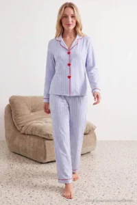 TRENDYOLMiLLA White-Blue Striped Heart Embroidered Piping Viscose Woven Pajama Set