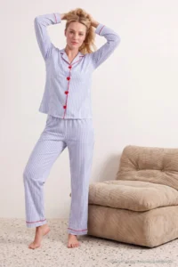 TRENDYOLMiLLA White-Blue Striped Heart Embroidered Piping Viscose Woven Pajama Set - Image 3