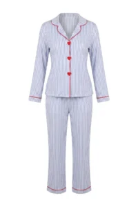 TRENDYOLMiLLA White-Blue Striped Heart Embroidered Piping Viscose Woven Pajama Set - Image 4