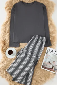TRENDYOLMİLLA Anthracite Cotton Striped Knitting Pajama Set - Image 6