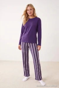 TRENDYOLMİLLA Purple Cotton Striped Knitting Pajama Set - Image 2
