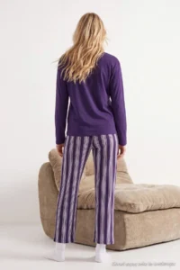 TRENDYOLMİLLA Purple Cotton Striped Knitting Pajama Set - Image 3