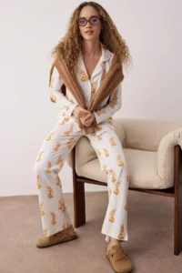TRENDYOLMiLLA Multicolored 100% Cotton Striped Rabbit Pattern Knitted Pajama Set