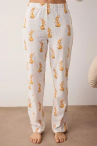 TRENDYOLMiLLA Multicolored 100% Cotton Striped Rabbit Pattern Knitted Pajama Set - Image 3