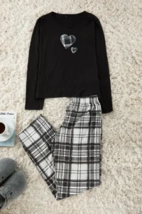TRENDYOLMiLLA Black Cotton Heart Plaid Knitted Pajama Set - Image 6