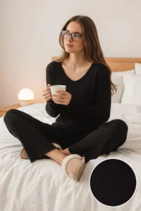 TRENDYOLMiLLA Black Cotton Baby Overlocked Soft Hand Brushed Ribbed Knitted Pajama Set