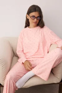 TRENDYOLMiLLA Salmon Polka Dot Soft Touch Knitted Pajama Set