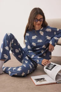 TRENDYOLMİLLA NAVY BLUE 100% Cotton Sleep Themed Lamb Patterned Knitting Pajama Set