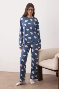 TRENDYOLMİLLA NAVY BLUE 100% Cotton Sleep Themed Lamb Patterned Knitting Pajama Set - Image 2