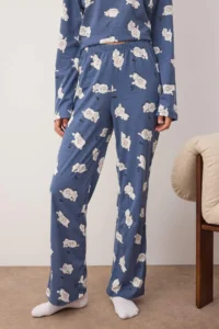 TRENDYOLMİLLA NAVY BLUE 100% Cotton Sleep Themed Lamb Patterned Knitting Pajama Set - Image 3