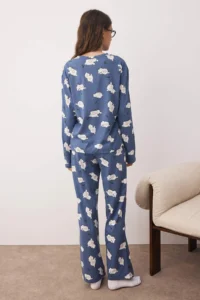 TRENDYOLMİLLA NAVY BLUE 100% Cotton Sleep Themed Lamb Patterned Knitting Pajama Set - Image 4