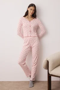 TRENDYOLMiLLA Pink 100% Cotton Floral Ribbon/Bow Ribbed/Pointel Knitted Pajama Set - Image 2