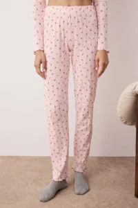 TRENDYOLMiLLA Pink 100% Cotton Floral Ribbon/Bow Ribbed/Pointel Knitted Pajama Set - Image 3