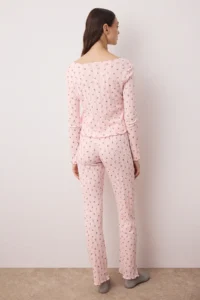 TRENDYOLMiLLA Pink 100% Cotton Floral Ribbon/Bow Ribbed/Pointel Knitted Pajama Set - Image 4
