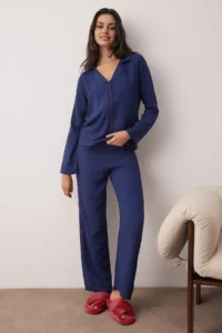 TRENDYOLMiLLA Navy Blue Ribbon/Bow Embroidery Detailed Viscose Woven Pajama Set - Image 2