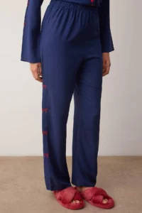 TRENDYOLMiLLA Navy Blue Ribbon/Bow Embroidery Detailed Viscose Woven Pajama Set - Image 3
