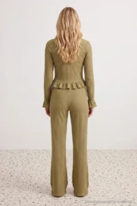 TRENDYOLMiLLA Khaki Ruffle Waffle Knitted Pajama Set - Image 4