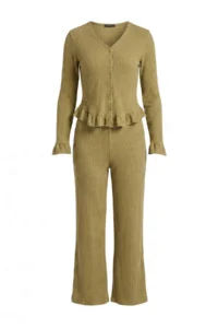 TRENDYOLMiLLA Khaki Ruffle Waffle Knitted Pajama Set - Image 5