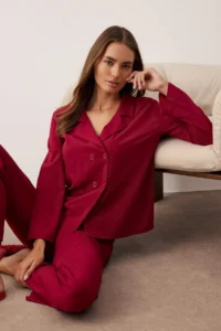 TRENDYOLMiLLA Burgundy Buttoned Viscose Woven Pajama Set