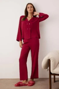 TRENDYOLMiLLA Burgundy Buttoned Viscose Woven Pajama Set - Image 2