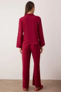 TRENDYOLMiLLA Burgundy Buttoned Viscose Woven Pajama Set - Image 4