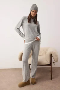 TRENDYOLMiLLA Gray Melange Double Layer Soft Knitted Pajama Set