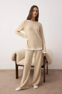 TRENDYOLMiLLA Beige Melange Double Layer Soft Knitted Pajama Set - Image 2