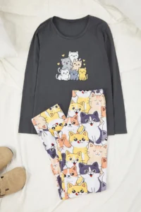 TRENDYOLMiLLA Anthracite Cat Patterned Cotton Lycra Soft Touch Knitted Pajama Set - Image 5