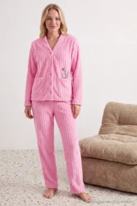 TRENDYOLMiLLA Pink Buttoned Pocketed Floral Embroidered Wellsoft Knitted Pajama Set - Image 2