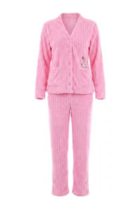 TRENDYOLMiLLA Pink Buttoned Pocketed Floral Embroidered Wellsoft Knitted Pajama Set - Image 4