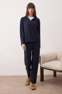 TRENDYOLMiLLA Navy Blue Zippered Soft Waffle Knitted Pajama Set