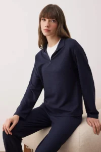 TRENDYOLMiLLA Navy Blue Zippered Soft Waffle Knitted Pajama Set - Image 2
