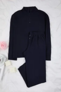 TRENDYOLMiLLA Navy Blue Zippered Soft Waffle Knitted Pajama Set - Image 5