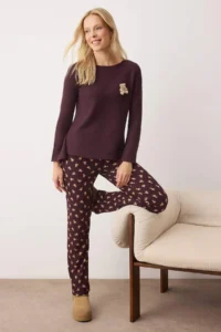 TRENDYOLMiLLA Brown Teddy Bear Soft Waffle Knitted Pajama Set