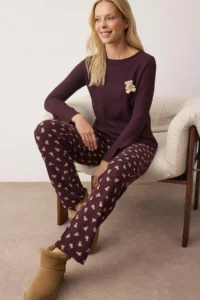 TRENDYOLMiLLA Brown Teddy Bear Soft Waffle Knitted Pajama Set - Image 2