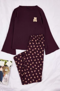 TRENDYOLMiLLA Brown Teddy Bear Soft Waffle Knitted Pajama Set - Image 5
