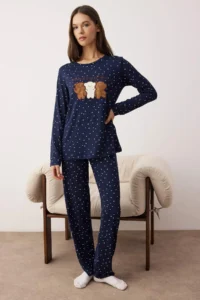 TRENDYOLMiLLA Navy Blue Polka Dot Teddy Bear Patch Soft Touch Knitted Pajama Set - Image 2