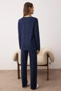 TRENDYOLMiLLA Navy Blue Polka Dot Teddy Bear Patch Soft Touch Knitted Pajama Set - Image 4