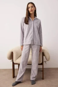 TRENDYOLMiLLA Gray Galaxy Patterned Winter Fleece Knitted Pajama Set